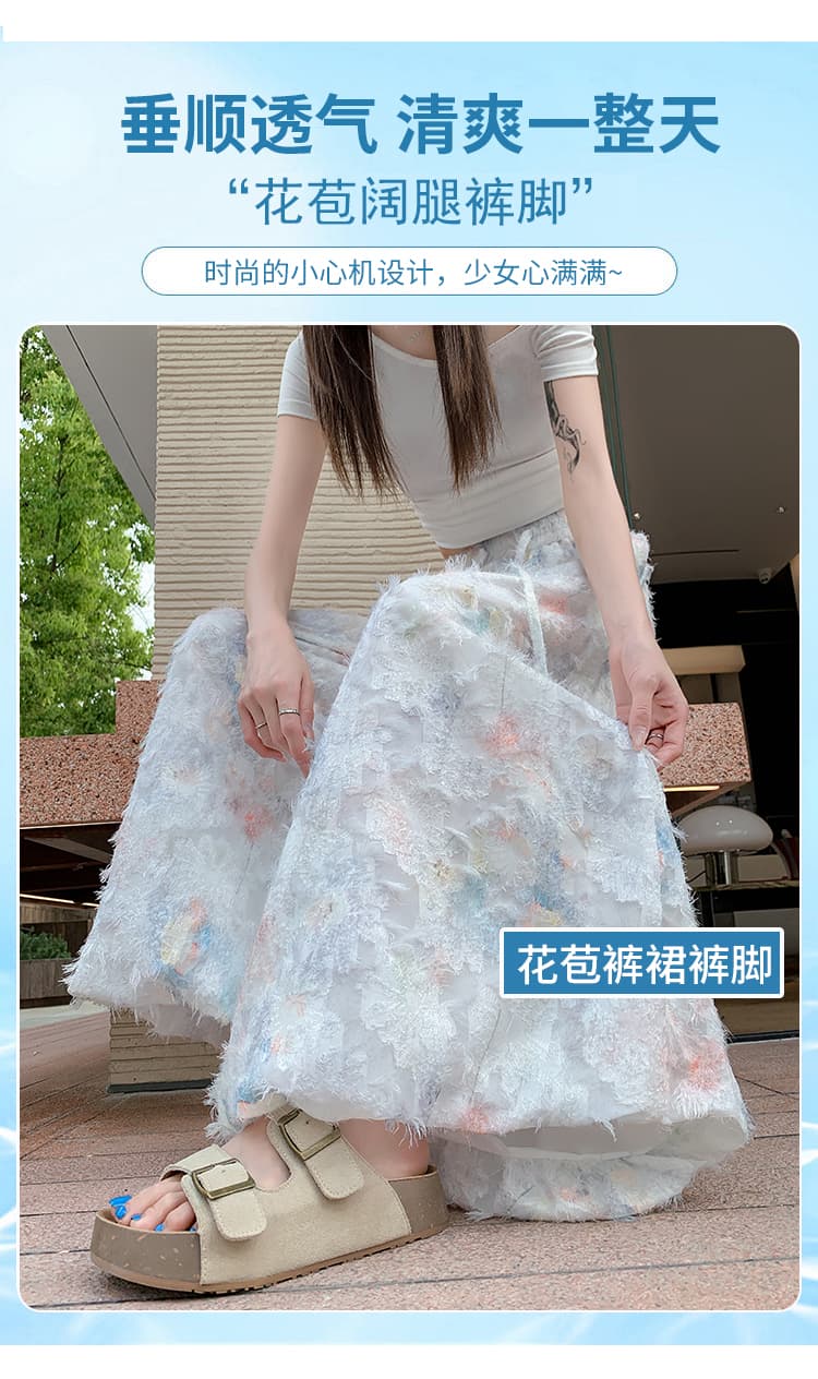 실사 2026 여름 새로운 꽃무늬 레이스 꽃밭 바지 작은 대중 디자인 센스 배기 바지 캐주얼 와이드 레깅스 바지 상세 이미지 5