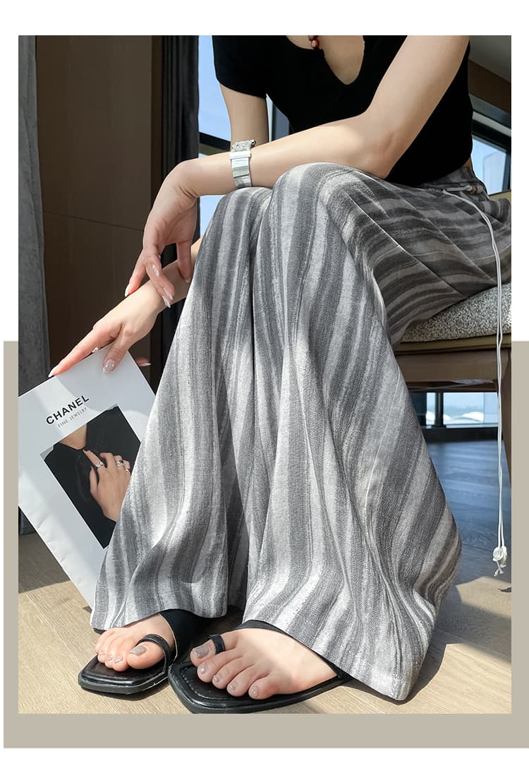 실사 2026 여름 새로운 얼음 실크 면 린넨 와이드 레그 팬츠 스트라이프 캐주얼 바지 루즈핏 느긋한 바람 스트레이트 팬츠 아이들 상세 이미지 28