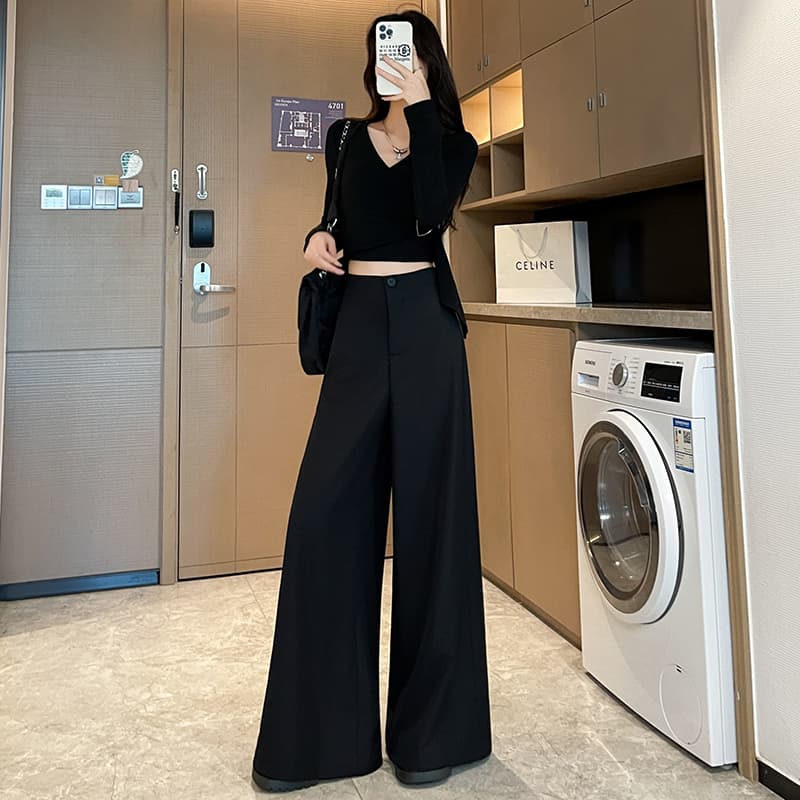 실사 2026 이른 가을 새로운 고급 센스 넓은 다리 정장 바지 하이웨이스트 슬림해 보이는 도루 센스 캐주얼 바닥 청소 바지 여성 이미지 3