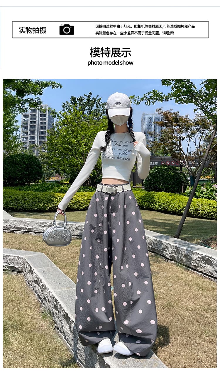 실사 2026 이른 가을 새로운 아메리칸 도트 무늬 프린트 모통이 칼 바지 여성 루즈핏 슬림해 보이는 캐주얼 스트레이트 와이드 레그 팬츠 어린이 상세 이미지 21