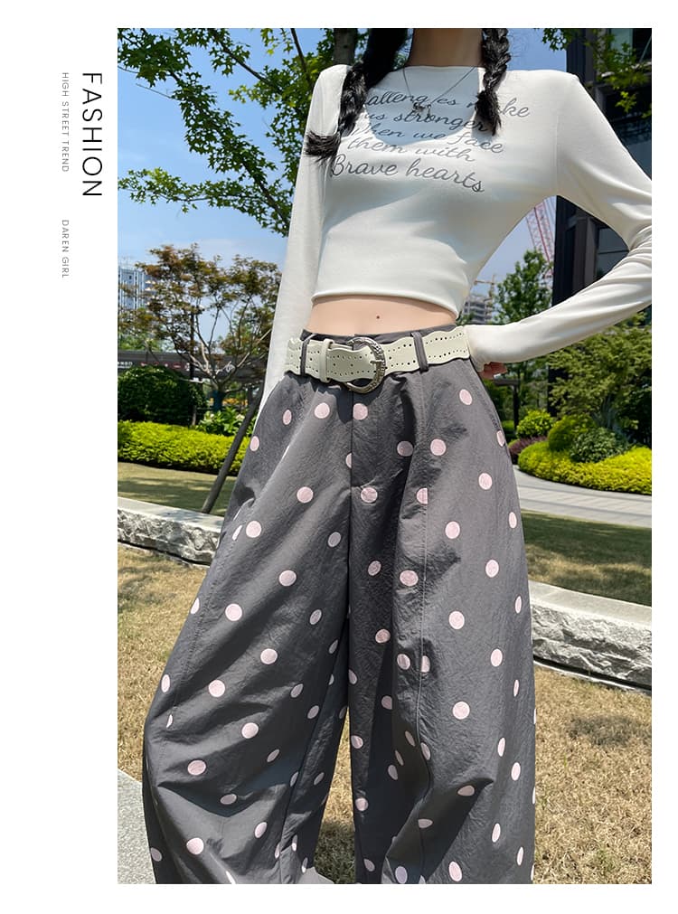 실사 2026 이른 가을 새로운 아메리칸 도트 무늬 프린트 모통이 칼 바지 여성 루즈핏 슬림해 보이는 캐주얼 스트레이트 와이드 레그 팬츠 어린이 상세 이미지 22