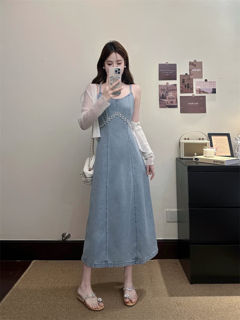 실사 빅 사이즈 여름 새로운 자외선 차단 숄 휴가 바람 레트로 데님 슬립 허리 수축 드레스 투피스 세트 이미지 3