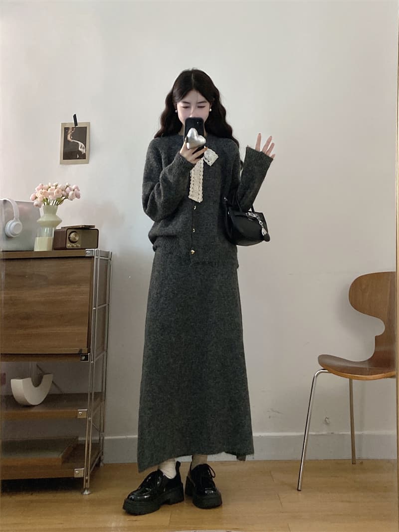 실사 빅 사이즈 이른 봄 새로운 한국 스타일 패션 작은 샤넬 스타일 나비 매듭 니트 맨위 반신 스커트 스웨터 투피스 세트 상세 이미지 16