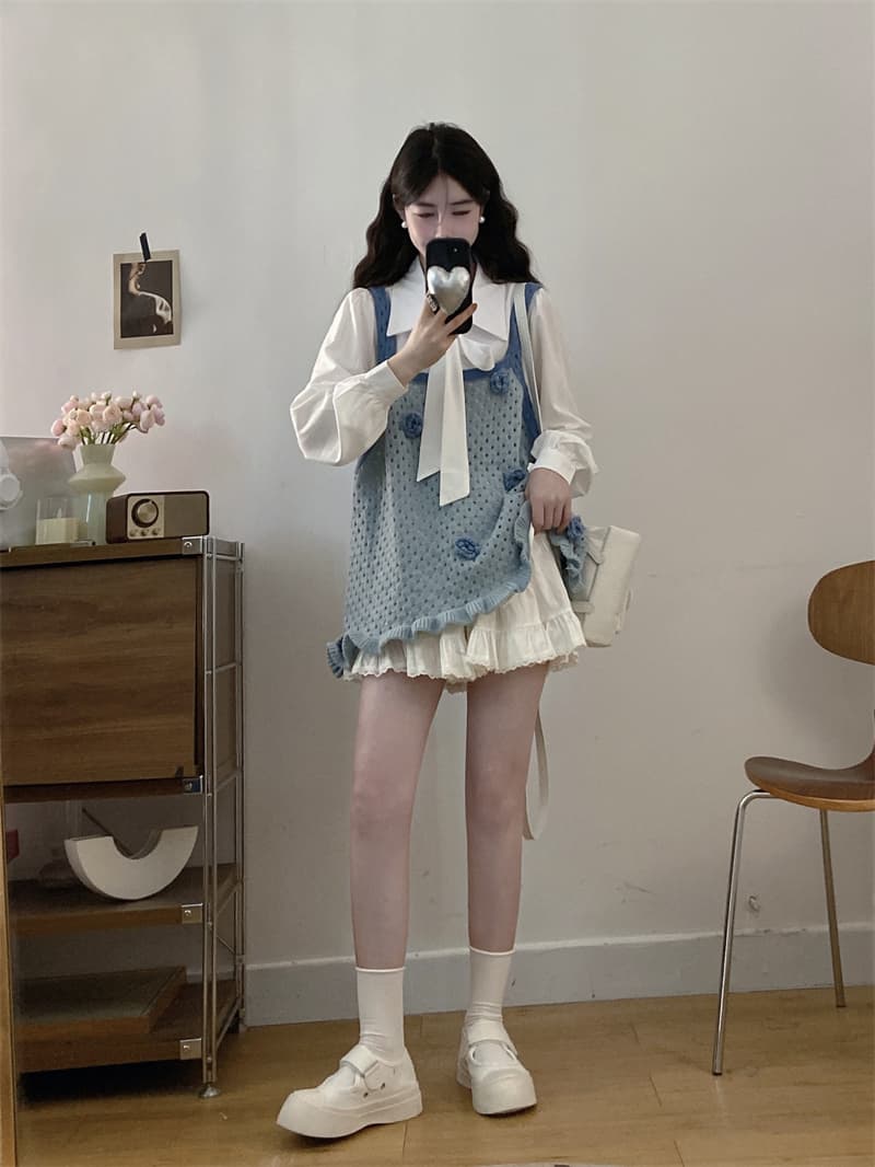 실사 빅 사이즈 가을 새로운 디자인 센스 3 차원 꽃 니트 조끼 베스트 나비 매듭 셔츠 투피스 세트 이미지 2
