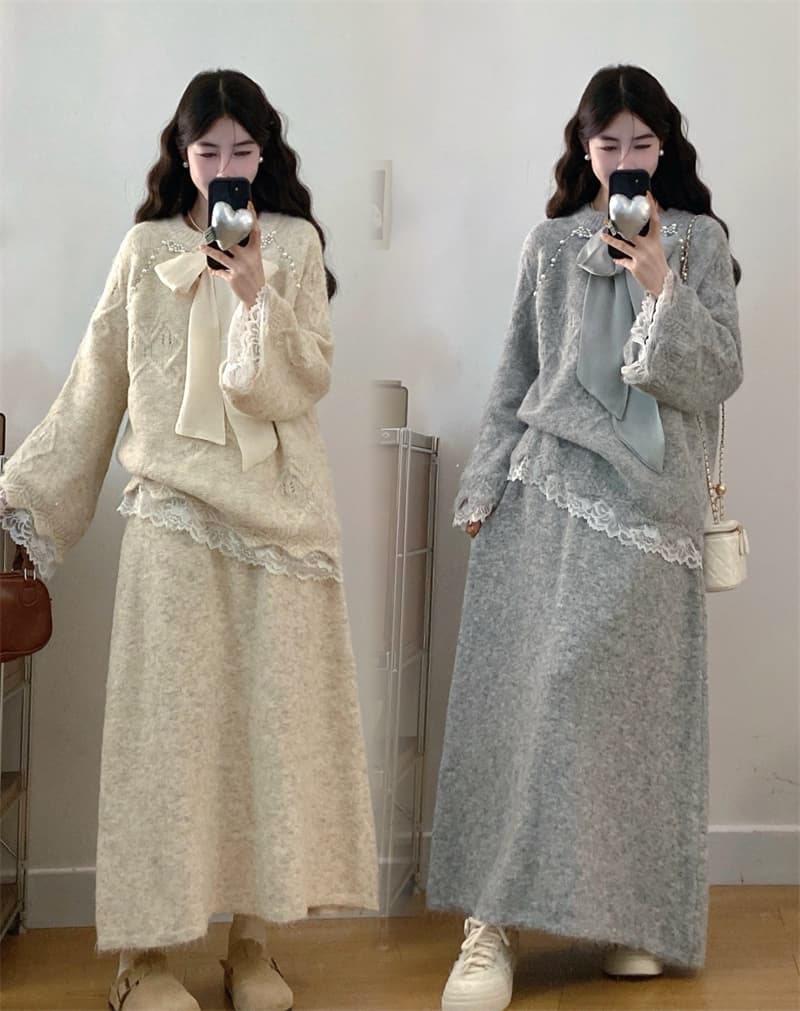 실사 빅 사이즈 이른 봄 새로운 지방 mm 느긋한 바람 비즈 박기 나비 매듭 레이스 조각 스웨터 반신 스커트 투피스 세트 상세 이미지 1