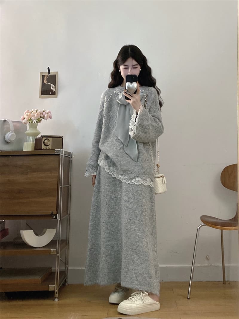 실사 빅 사이즈 이른 봄 새로운 지방 mm 느긋한 바람 비즈 박기 나비 매듭 레이스 조각 스웨터 반신 스커트 투피스 세트 상세 이미지 4