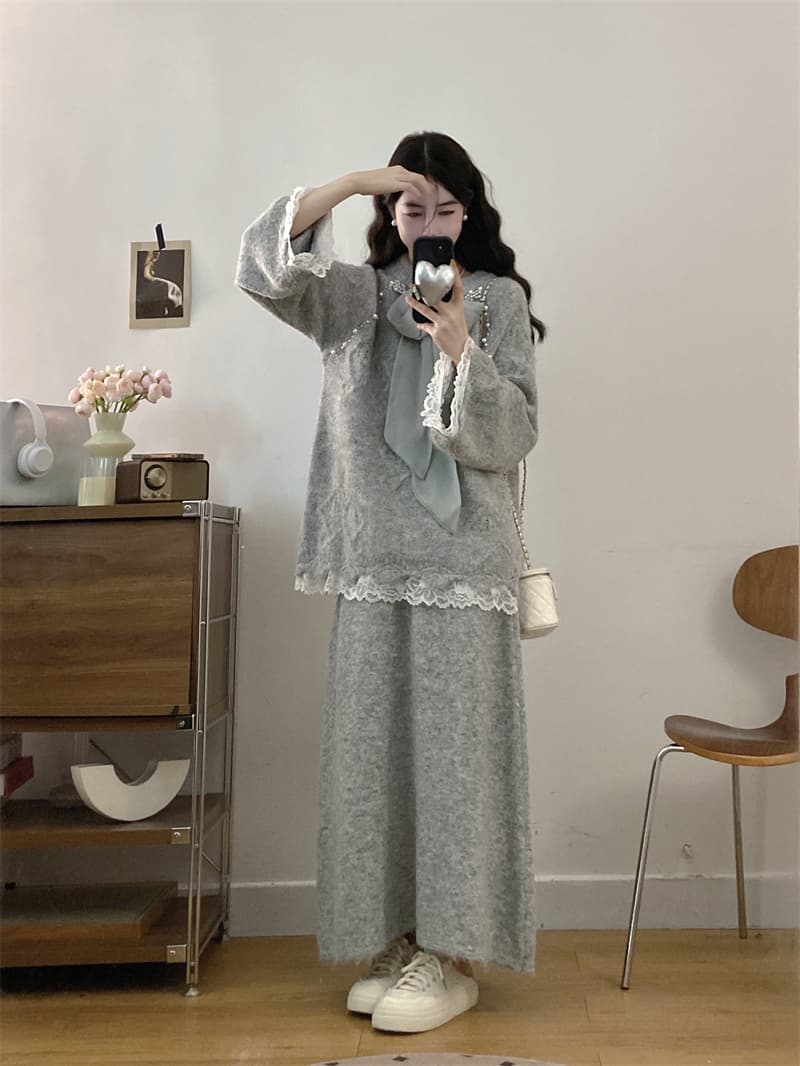 실사 빅 사이즈 이른 봄 새로운 지방 mm 느긋한 바람 비즈 박기 나비 매듭 레이스 조각 스웨터 반신 스커트 투피스 세트 상세 이미지 7