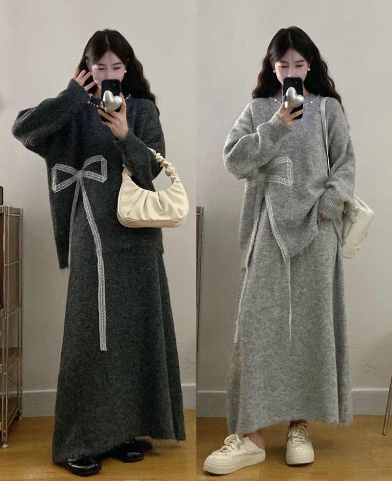 실사 이른 봄 새로운 빅 사이즈 여성 의류 나비 매듭 디자인 스웨터 맨위 슬림해 보이는 니트 반신 스커트 투피스 세트 이미지 2