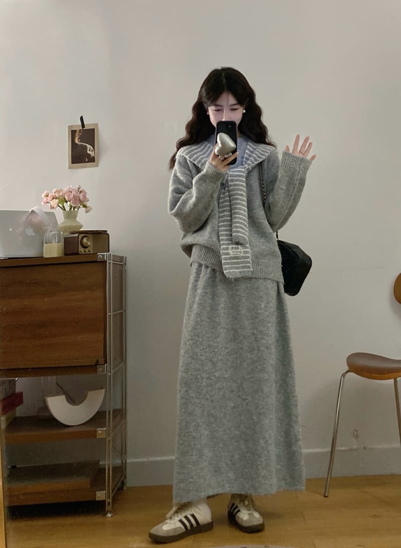 실사 이른 봄 새로운 빅 사이즈 여성 의류 모자 포함 스트라이프 작은 숄 맨위 스웨터 니트 반신 스커트 투피스 세트 상세 이미지 14