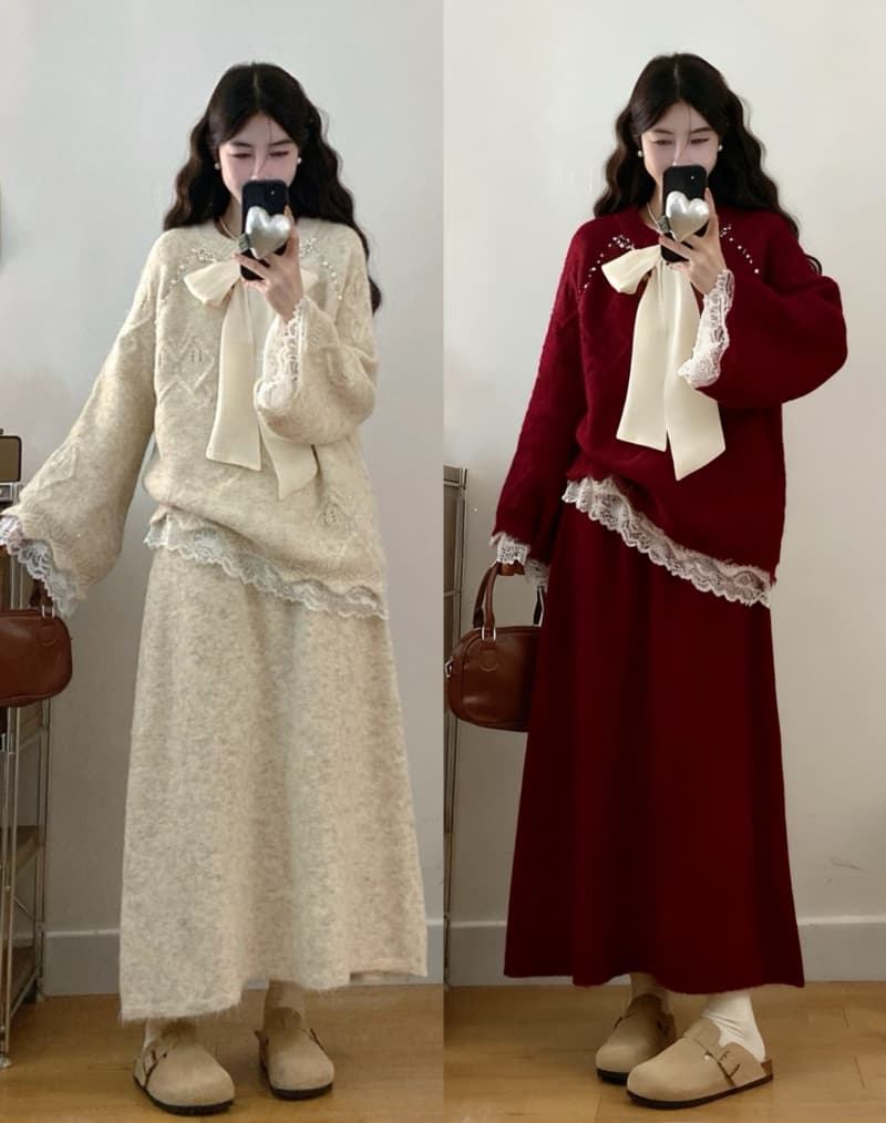 2026 빅 사이즈 여성 의류 가을 겨울 새로운 느긋한 바람 비즈 박기 나비 매듭 레이스 조각 스웨터 반신 스커트 투피스 세트 이미지 2