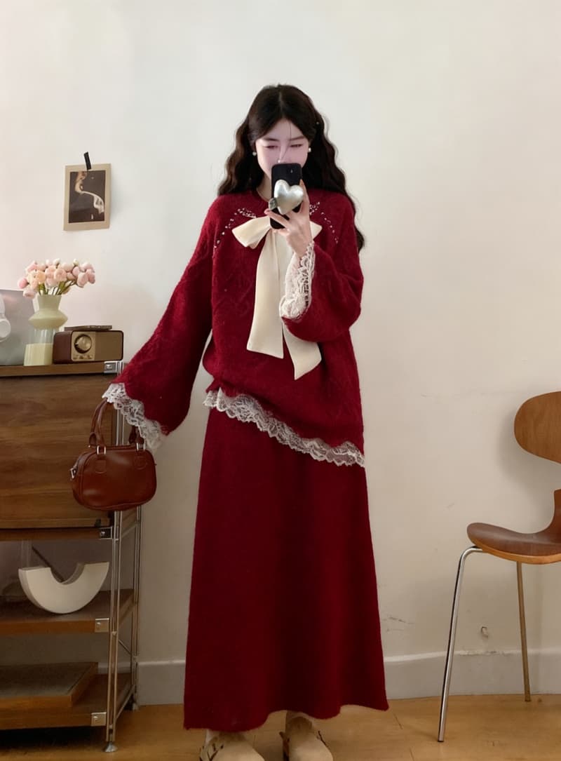 2026 빅 사이즈 여성 의류 가을 겨울 새로운 느긋한 바람 비즈 박기 나비 매듭 레이스 조각 스웨터 반신 스커트 투피스 세트 상세 이미지 3