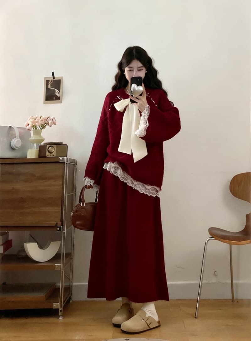 2026 빅 사이즈 여성 의류 가을 겨울 새로운 느긋한 바람 비즈 박기 나비 매듭 레이스 조각 스웨터 반신 스커트 투피스 세트 상세 이미지 4