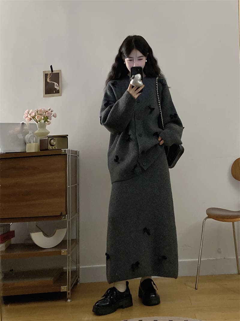 실사 빅 사이즈 가을 겨울 새로운 지방 mm 프랑스식 디자인 센스 스웨터 나비 매듭 맨위 반신 스커트 니트 투피스 세트 상세 이미지 8