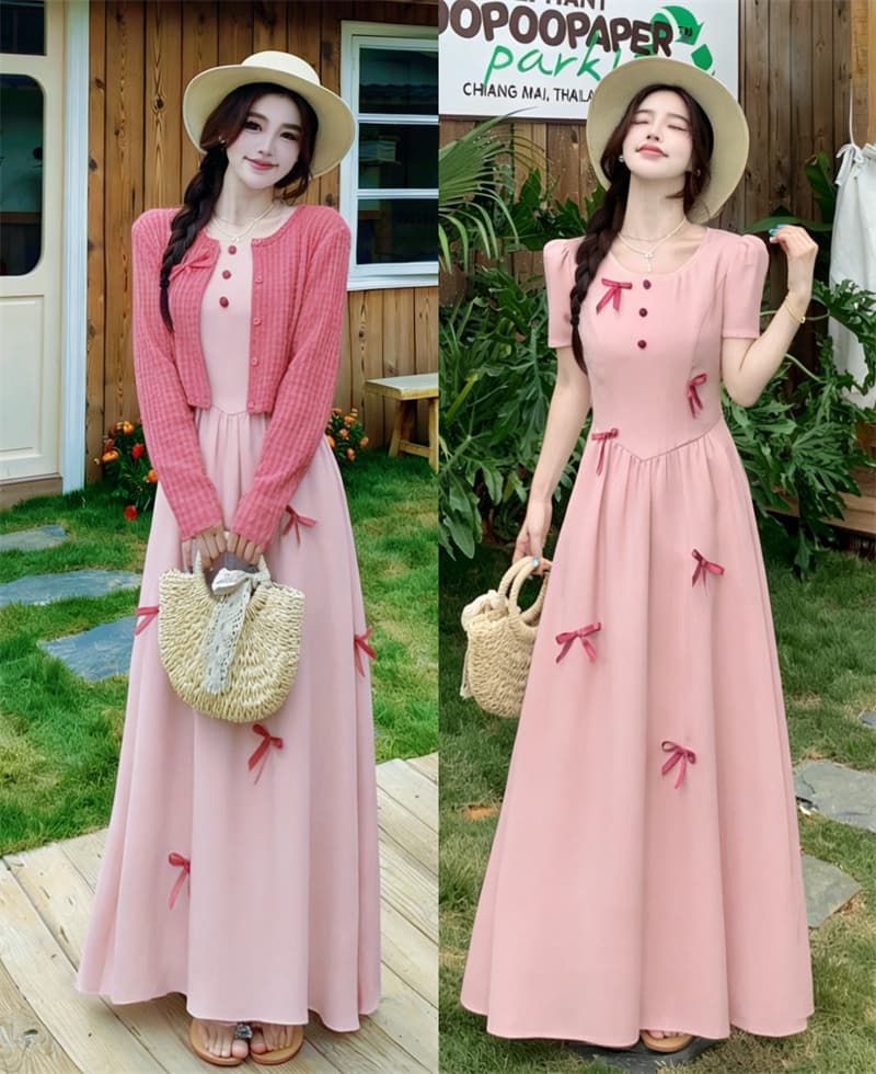 실사 빅 사이즈 여름 새로운 프랑스식 나비 매듭 라스베리 색상 쇼트 스타일 오픈 가디건 라운드 넥 거품 소매 점프 슈트 치마 세트 상세 이미지 1