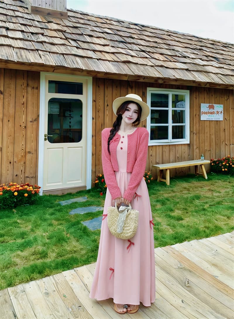 실사 빅 사이즈 여름 새로운 프랑스식 나비 매듭 라스베리 색상 쇼트 스타일 오픈 가디건 라운드 넥 거품 소매 점프 슈트 치마 세트 상세 이미지 3