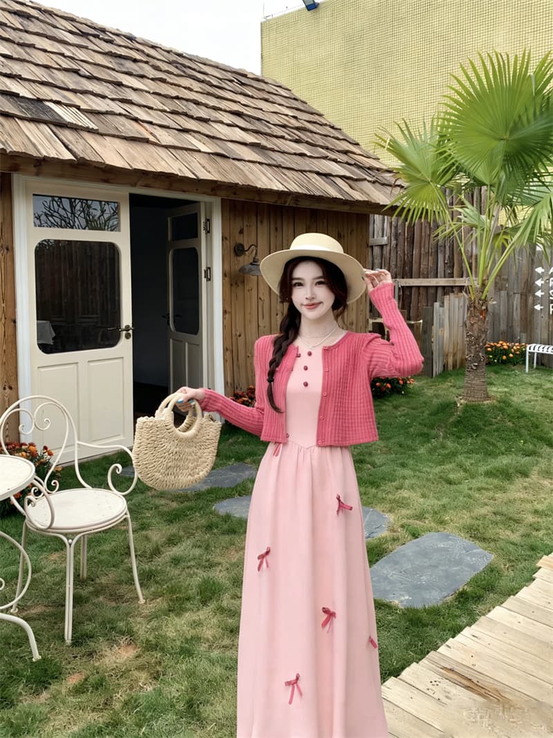 실사 빅 사이즈 여름 새로운 프랑스식 나비 매듭 라스베리 색상 쇼트 스타일 오픈 가디건 라운드 넥 거품 소매 점프 슈트 치마 세트 상세 이미지 5