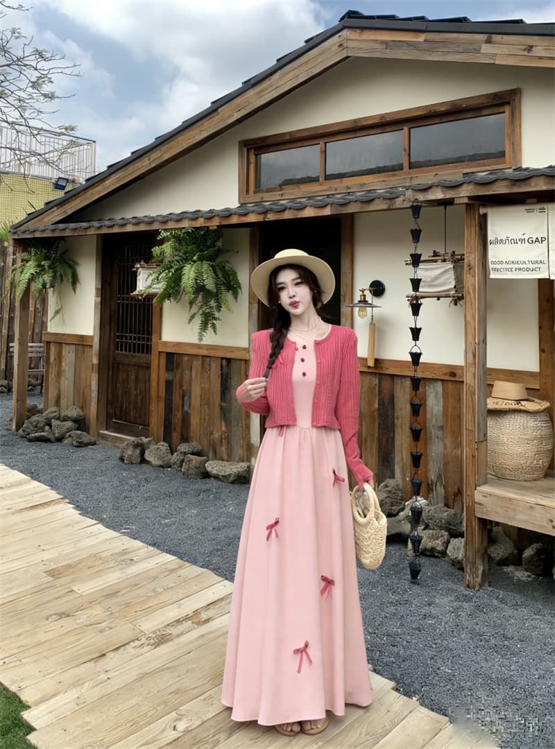 실사 빅 사이즈 여름 새로운 프랑스식 나비 매듭 라스베리 색상 쇼트 스타일 오픈 가디건 라운드 넥 거품 소매 점프 슈트 치마 세트 상세 이미지 7