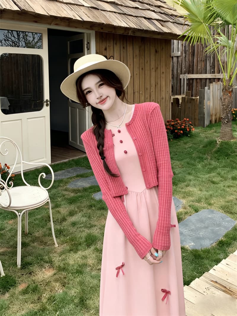 실사 빅 사이즈 여름 새로운 프랑스식 나비 매듭 라스베리 색상 쇼트 스타일 오픈 가디건 라운드 넥 거품 소매 점프 슈트 치마 세트 상세 이미지 14