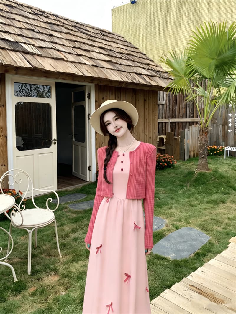 실사 빅 사이즈 여름 새로운 프랑스식 나비 매듭 라스베리 색상 쇼트 스타일 오픈 가디건 라운드 넥 거품 소매 점프 슈트 치마 세트 상세 이미지 19