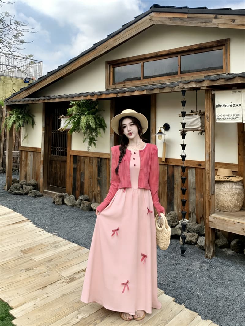 실사 빅 사이즈 여름 새로운 프랑스식 나비 매듭 라스베리 색상 쇼트 스타일 오픈 가디건 라운드 넥 거품 소매 점프 슈트 치마 세트 상세 이미지 21