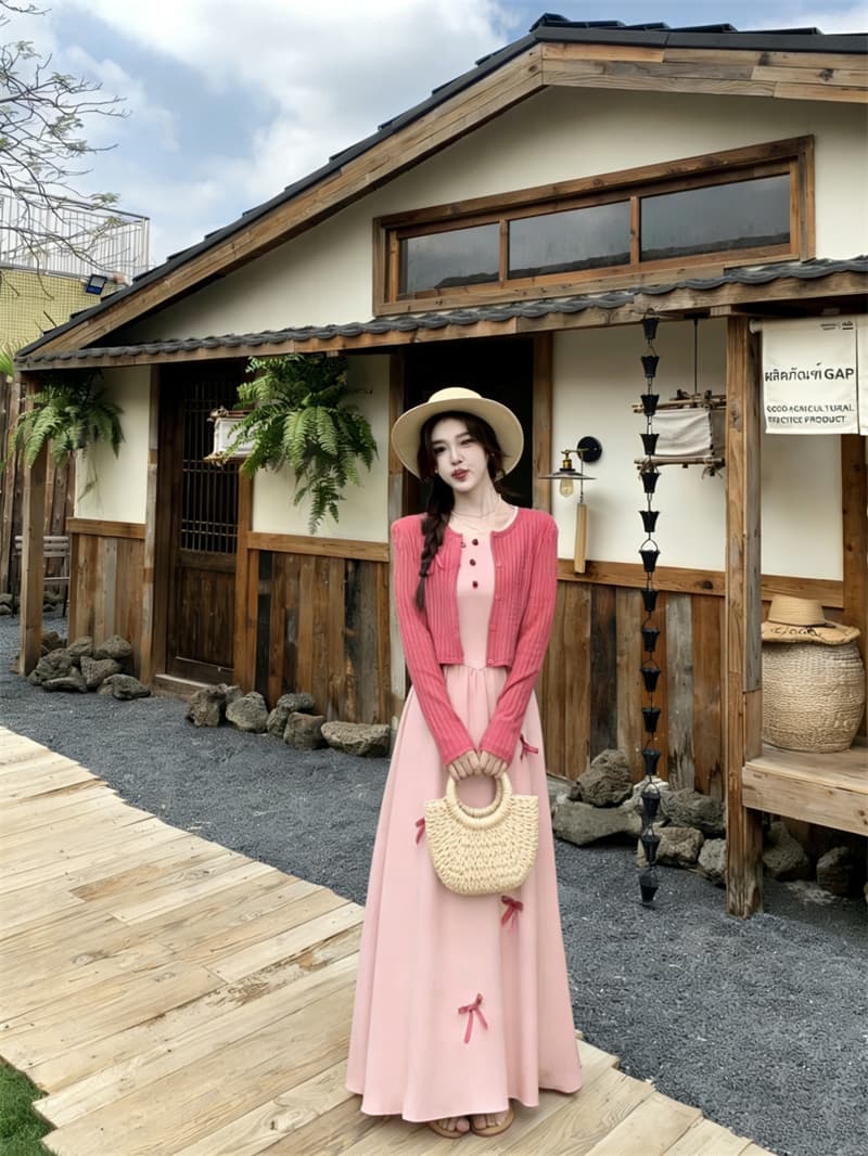 실사 빅 사이즈 여름 새로운 프랑스식 나비 매듭 라스베리 색상 쇼트 스타일 오픈 가디건 라운드 넥 거품 소매 점프 슈트 치마 세트 상세 이미지 22