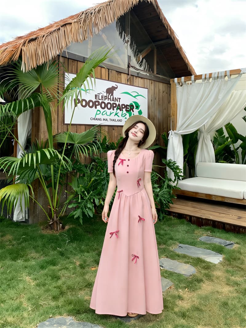 실사 빅 사이즈 여름 새로운 프랑스식 나비 매듭 라스베리 색상 쇼트 스타일 오픈 가디건 라운드 넥 거품 소매 점프 슈트 치마 세트 상세 이미지 10