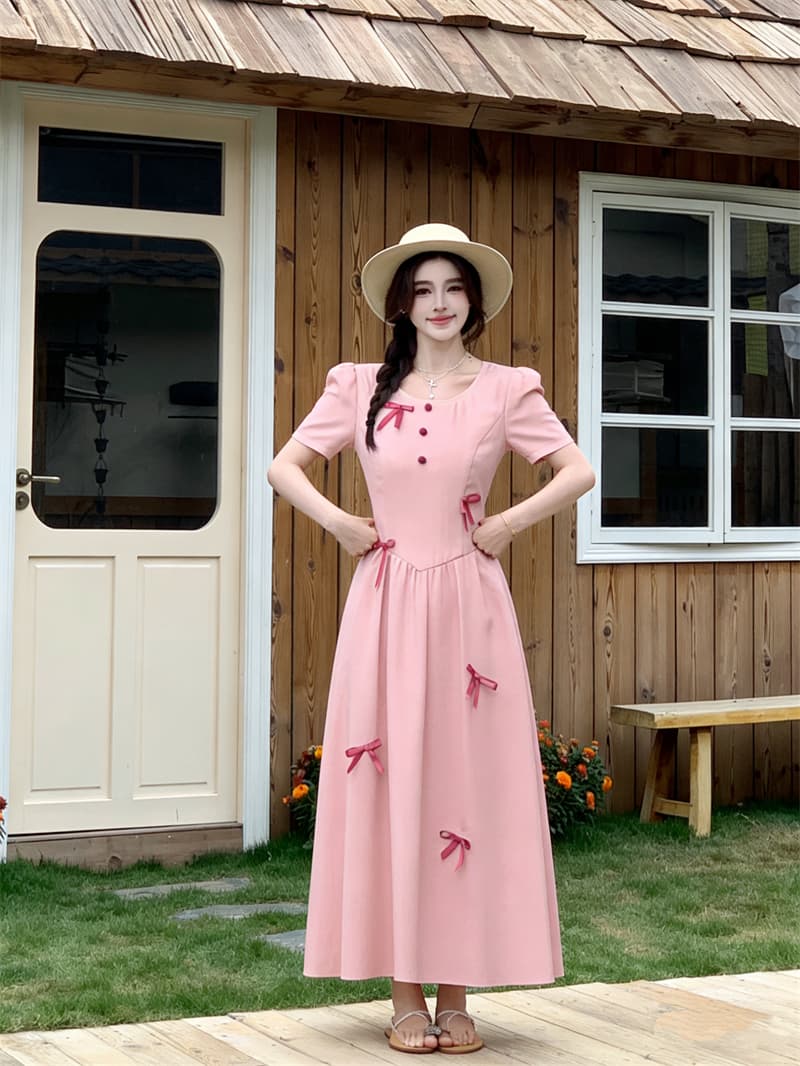 실사 빅 사이즈 여름 새로운 프랑스식 나비 매듭 라스베리 색상 쇼트 스타일 오픈 가디건 라운드 넥 거품 소매 점프 슈트 치마 세트 상세 이미지 12