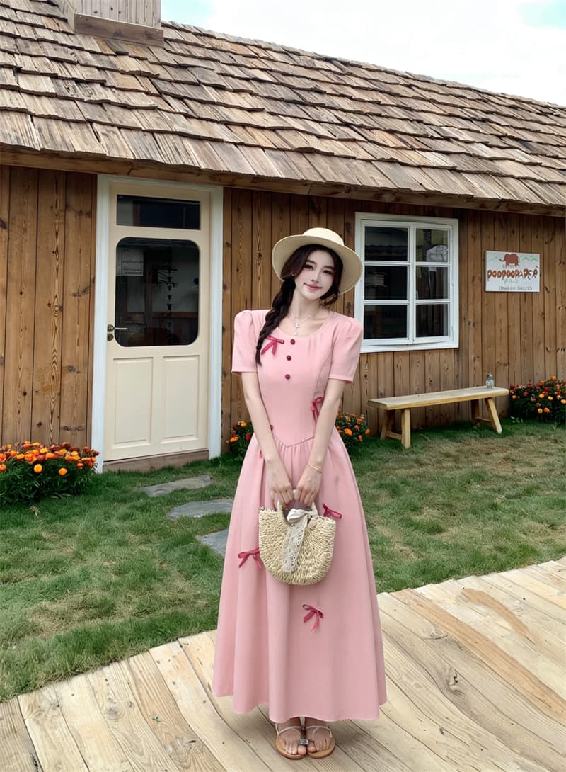 실사 빅 사이즈 여름 새로운 프랑스식 나비 매듭 라스베리 색상 쇼트 스타일 오픈 가디건 라운드 넥 거품 소매 점프 슈트 치마 세트 이미지 4
