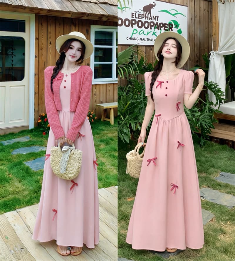 실사 빅 사이즈 여름 새로운 프랑스식 나비 매듭 라스베리 색상 쇼트 스타일 오픈 가디건 라운드 넥 거품 소매 점프 슈트 치마 세트 이미지 2