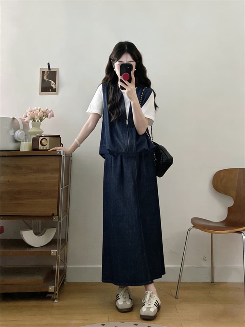 실사 빅 사이즈 여름 새로운 디자인 센스 페이크 레이어드 센스 배색 데님 반팔 하이웨이스트 반신 스커트 투피스 세트 상세 이미지 9