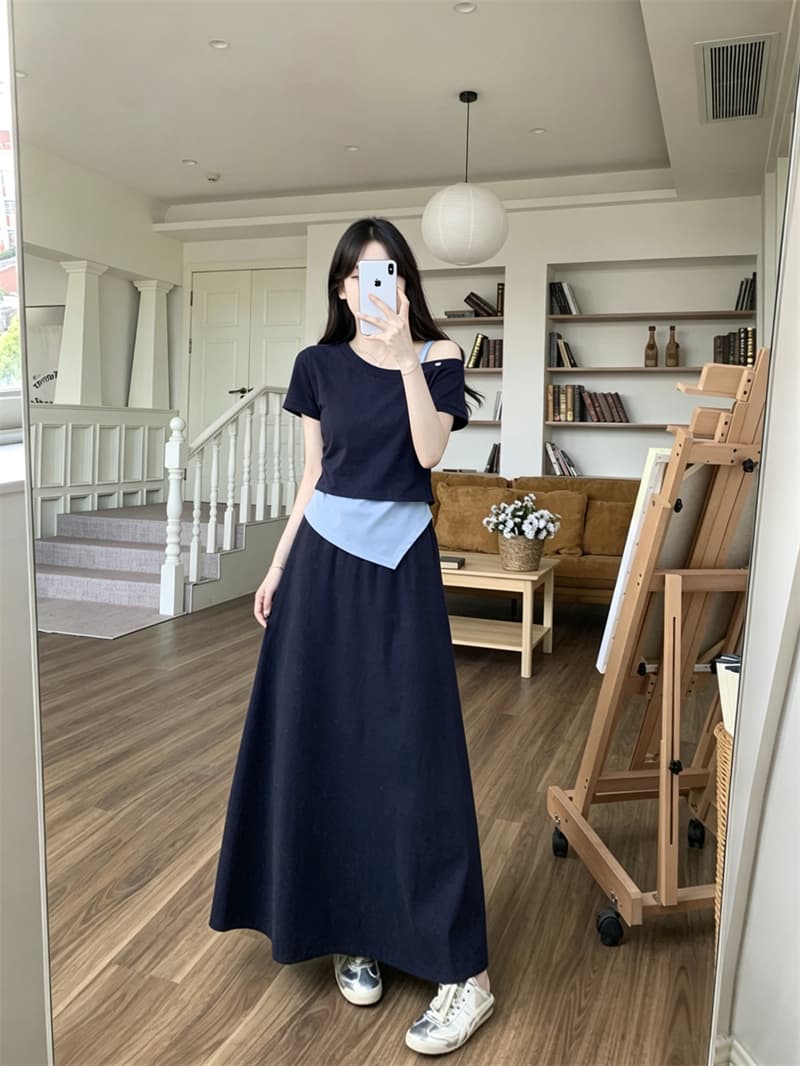 실사 빅 사이즈 여름 새로운 한 부서 캐주얼 불규칙 오프숄더 맨위 슬립 하이웨이스트 반신 스커트 세 조각 세트 이미지 3