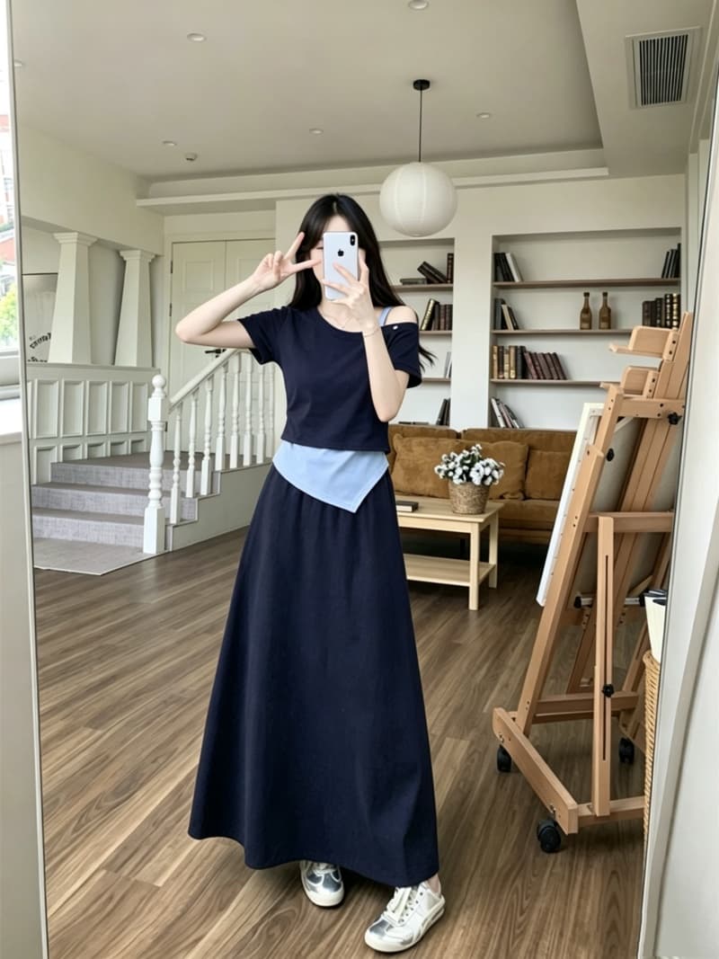 실사 빅 사이즈 여름 새로운 한 부서 캐주얼 불규칙 오프숄더 맨위 슬립 하이웨이스트 반신 스커트 세 조각 세트 상세 이미지 9