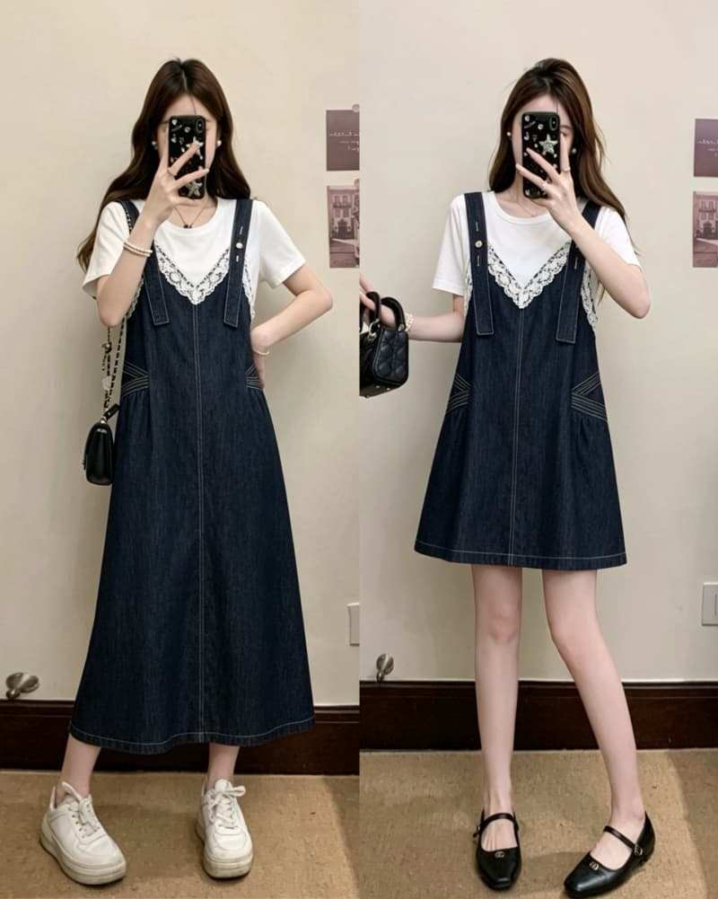 실사 빅 사이즈 여성 의류 여름 드레스 새로운 지방 mm 반팔 한국 스타일 멜빵 레이스 조각 데님 페이크 레이어드 드레스 상세 이미지 1
