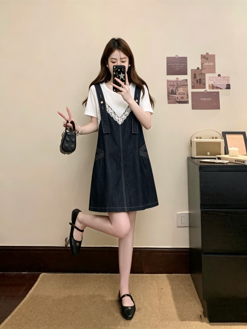 실사 빅 사이즈 여성 의류 여름 드레스 새로운 지방 mm 반팔 한국 스타일 멜빵 레이스 조각 데님 페이크 레이어드 드레스 상세 이미지 4