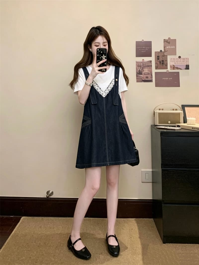 실사 빅 사이즈 여성 의류 여름 드레스 새로운 지방 mm 반팔 한국 스타일 멜빵 레이스 조각 데님 페이크 레이어드 드레스 상세 이미지 5