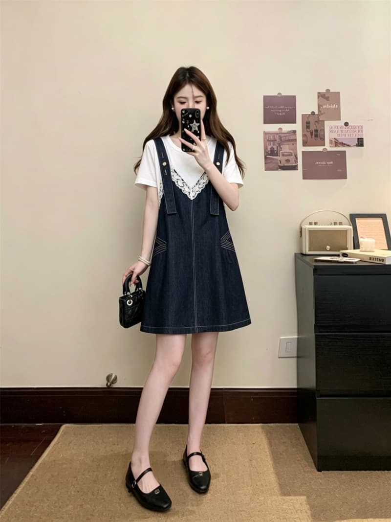 실사 빅 사이즈 여성 의류 여름 드레스 새로운 지방 mm 반팔 한국 스타일 멜빵 레이스 조각 데님 페이크 레이어드 드레스 상세 이미지 6