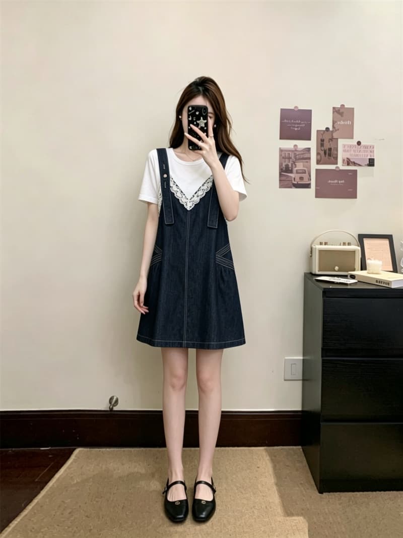 실사 빅 사이즈 여성 의류 여름 드레스 새로운 지방 mm 반팔 한국 스타일 멜빵 레이스 조각 데님 페이크 레이어드 드레스 상세 이미지 10