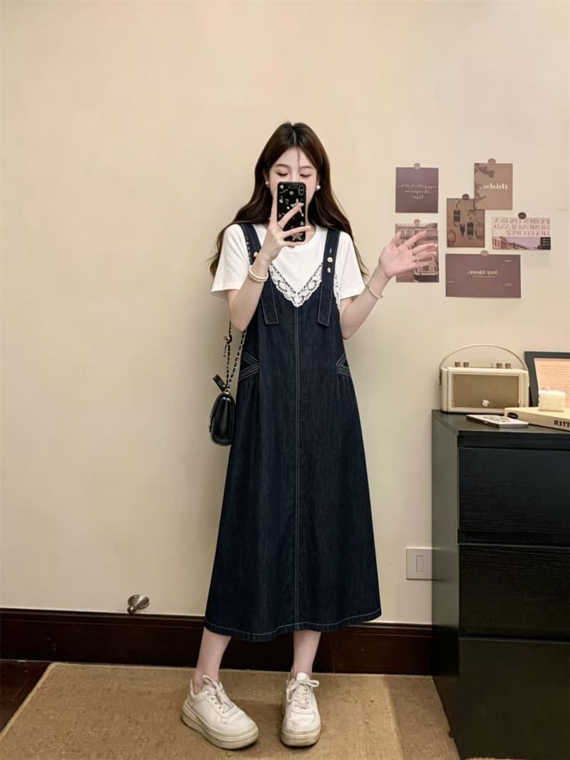 실사 빅 사이즈 여성 의류 여름 드레스 새로운 지방 mm 반팔 한국 스타일 멜빵 레이스 조각 데님 페이크 레이어드 드레스 상세 이미지 11