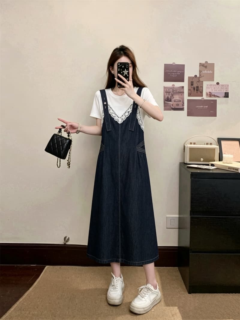 실사 빅 사이즈 여성 의류 여름 드레스 새로운 지방 mm 반팔 한국 스타일 멜빵 레이스 조각 데님 페이크 레이어드 드레스 상세 이미지 12