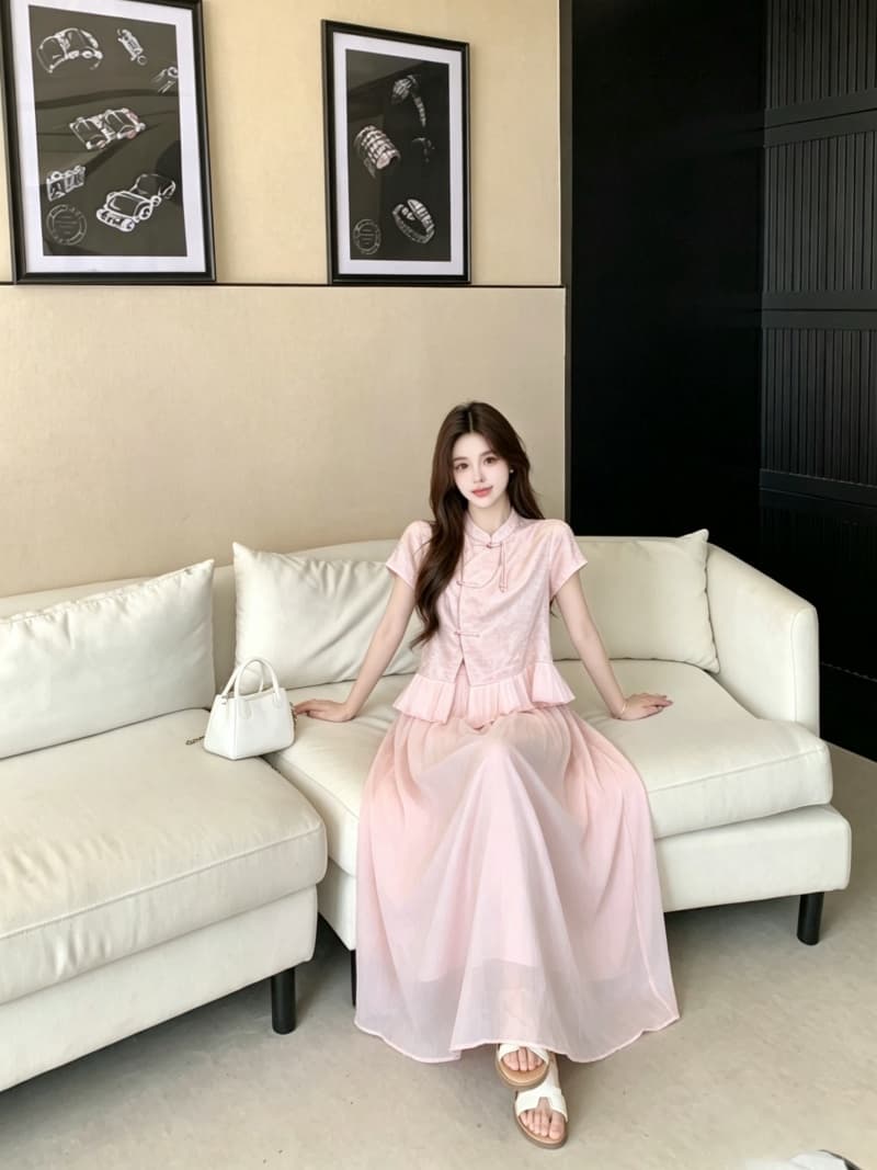 실사 빅 사이즈 여성 의류 여름 드레스 새로운 새로운 중식 국풍 단추 디자인 반팔 맨위 반신 스커트 투피스 세트 이미지 4