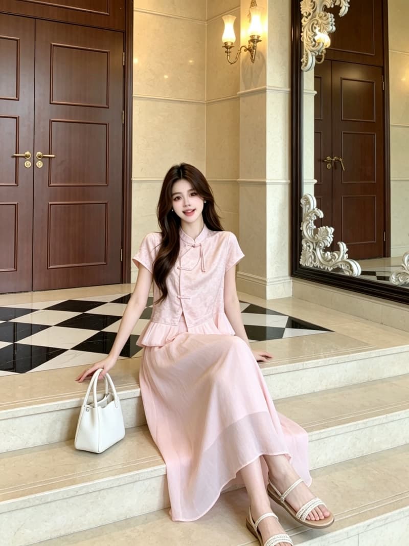 실사 빅 사이즈 여성 의류 여름 드레스 새로운 새로운 중식 국풍 단추 디자인 반팔 맨위 반신 스커트 투피스 세트 상세 이미지 6