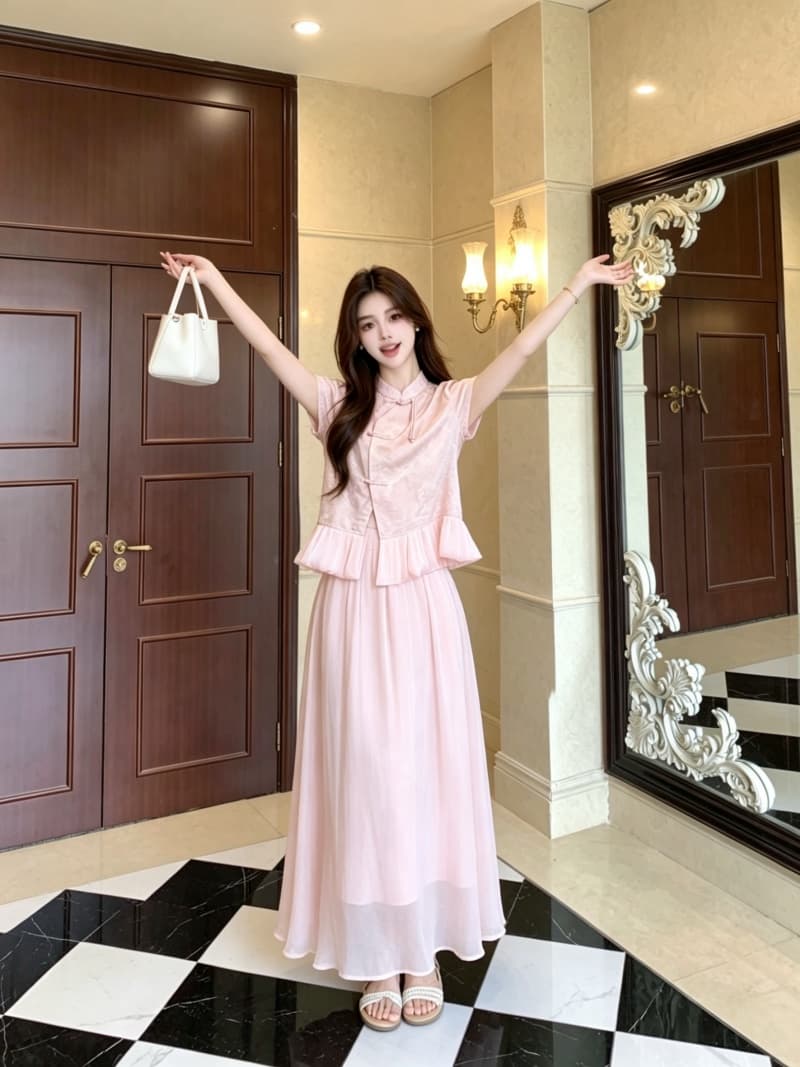 실사 빅 사이즈 여성 의류 여름 드레스 새로운 새로운 중식 국풍 단추 디자인 반팔 맨위 반신 스커트 투피스 세트 상세 이미지 10