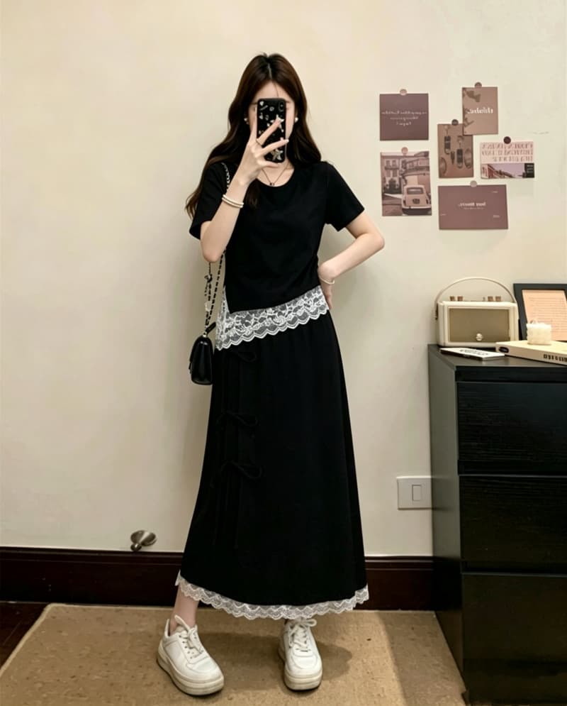 실사 빅 사이즈 여성 의류 여름 드레스 새로운 새로운 중식 국풍 단추 디자인 반팔 맨위 반신 스커트 투피스 세트 상세 이미지 12