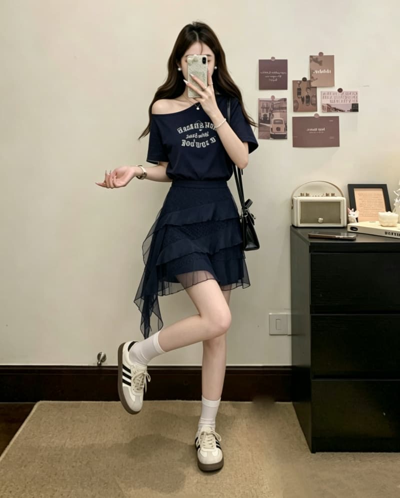 실사 빅 사이즈 여성 의류 여름 새로운 패션 반팔 프린트 티셔츠 치마 드레스 레이스 랩스커트팬츠 투피스 세트 상세 이미지 8