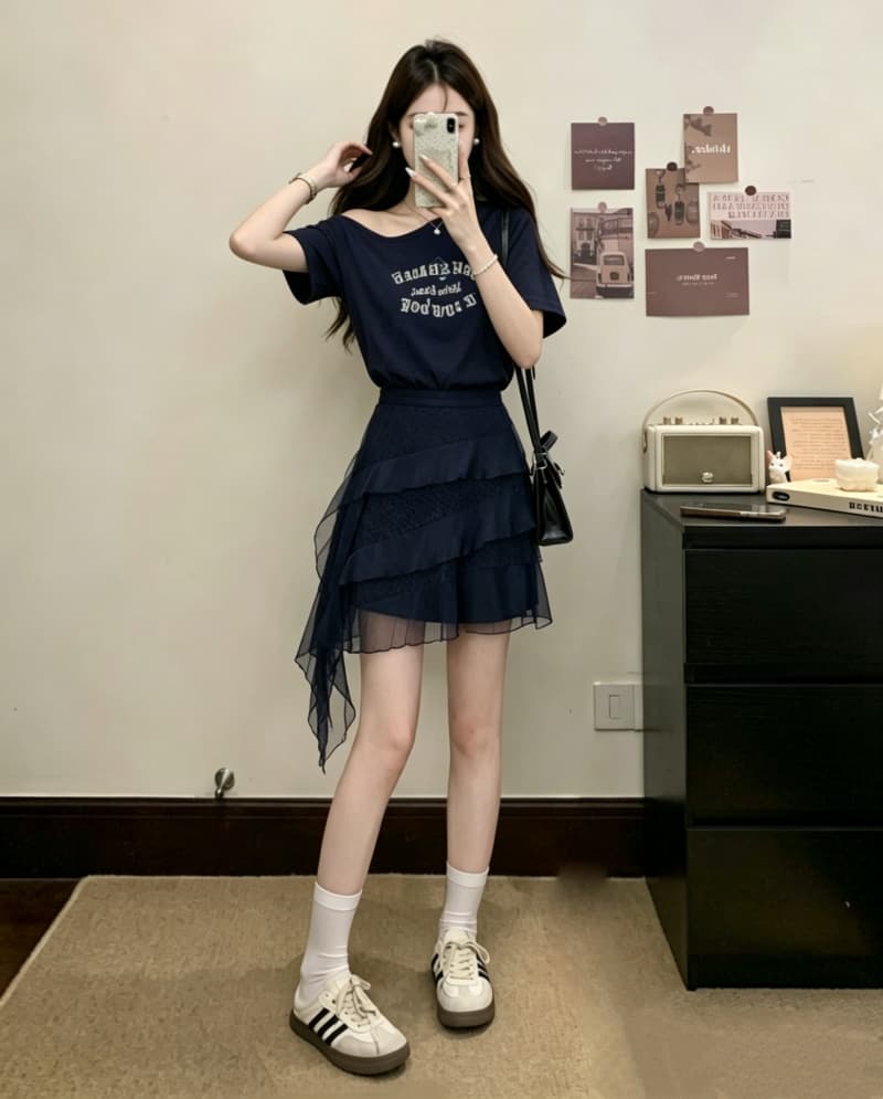 실사 빅 사이즈 여성 의류 여름 새로운 패션 반팔 프린트 티셔츠 치마 드레스 레이스 랩스커트팬츠 투피스 세트 상세 이미지 14