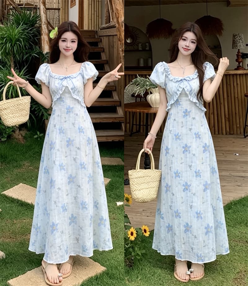 실사 빅 사이즈 여름 새로운 지방 mm 프랑스식 프릴 광장 칼라 거품 소매 꽃무늬 허리 수축 슬림해 보이는 드레스