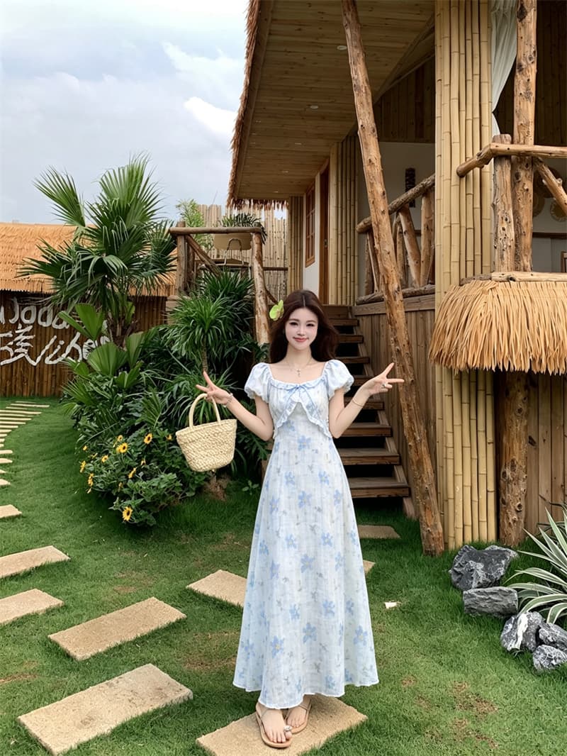 실사 빅 사이즈 여름 새로운 지방 mm 프랑스식 프릴 광장 칼라 거품 소매 꽃무늬 허리 수축 슬림해 보이는 드레스 상세 이미지 4