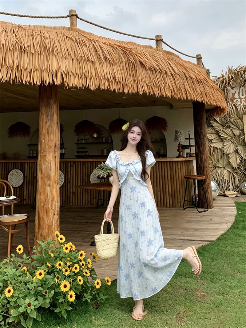 실사 빅 사이즈 여름 새로운 지방 mm 프랑스식 프릴 광장 칼라 거품 소매 꽃무늬 허리 수축 슬림해 보이는 드레스 상세 이미지 6