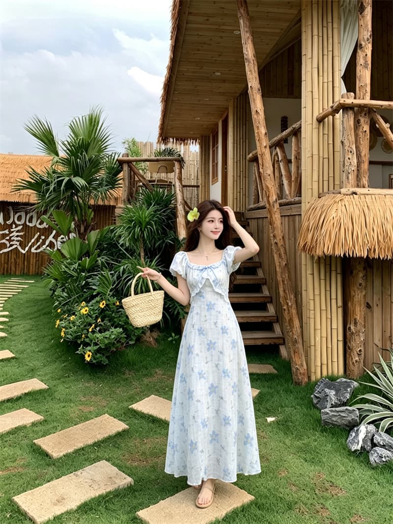 실사 빅 사이즈 여름 새로운 지방 mm 프랑스식 프릴 광장 칼라 거품 소매 꽃무늬 허리 수축 슬림해 보이는 드레스 상세 이미지 8