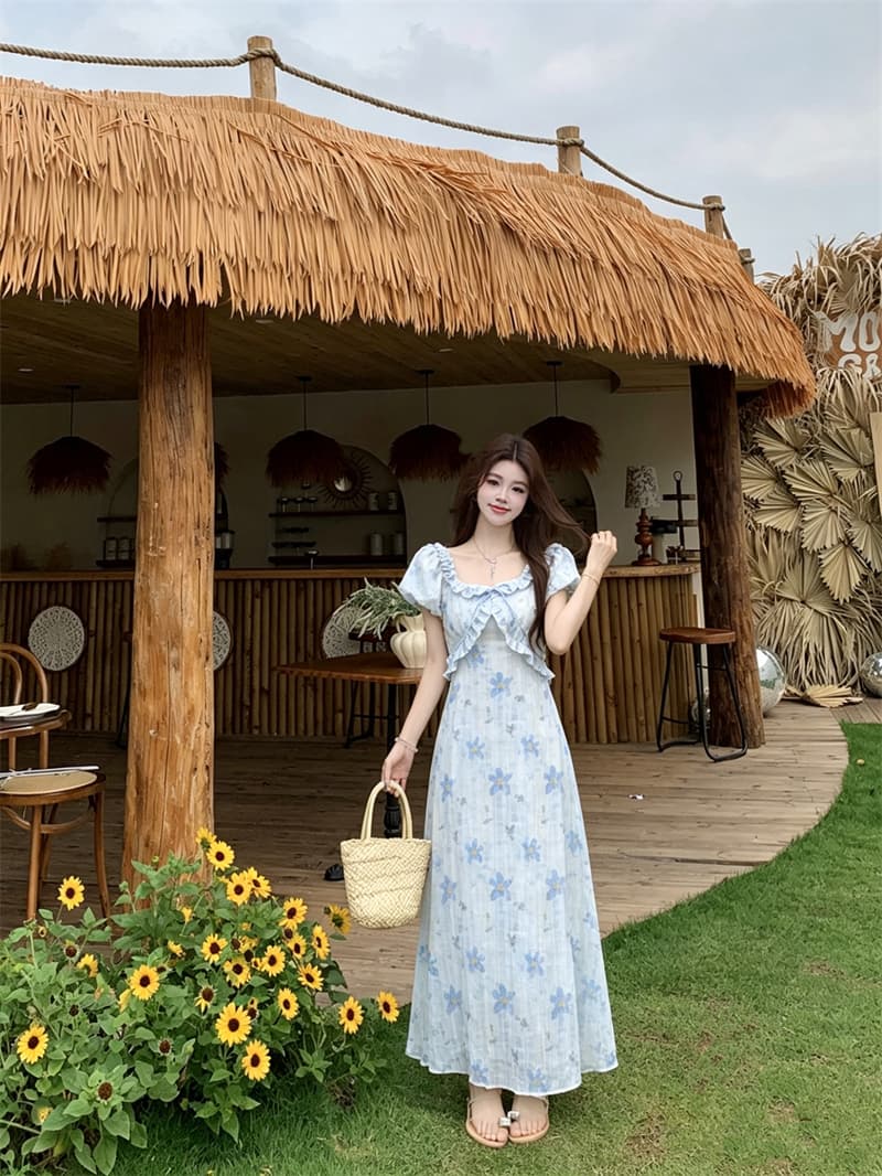 실사 빅 사이즈 여름 새로운 지방 mm 프랑스식 프릴 광장 칼라 거품 소매 꽃무늬 허리 수축 슬림해 보이는 드레스 상세 이미지 10